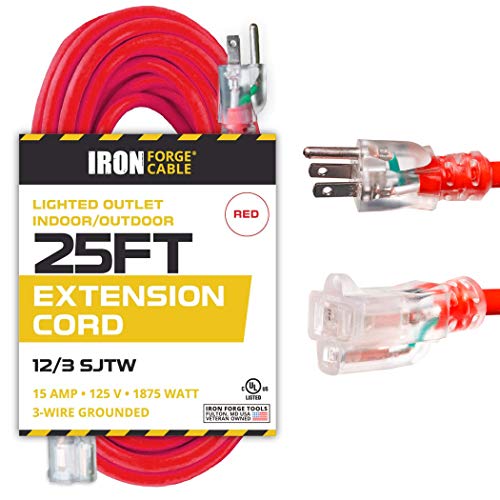 25 Ft Lighted Extension Cord - 12/3 SJTW Heavy Duty Red Outdoor