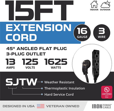 15 Ft Outdoor Extension Cord with 45¬∞ Angled Flat Plug and 3 Electrical Power Outlets - 16/3 SJTW Durable Black Electric Cable
