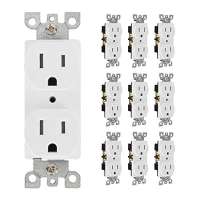 Duplex Receptacle Outlet, 10 Pack - Tamper Resistant 3 Prong Electrical Wall Outlets - 15 Amp, 125 Volt, 3 Wire, Self-Grounding, UL Listed