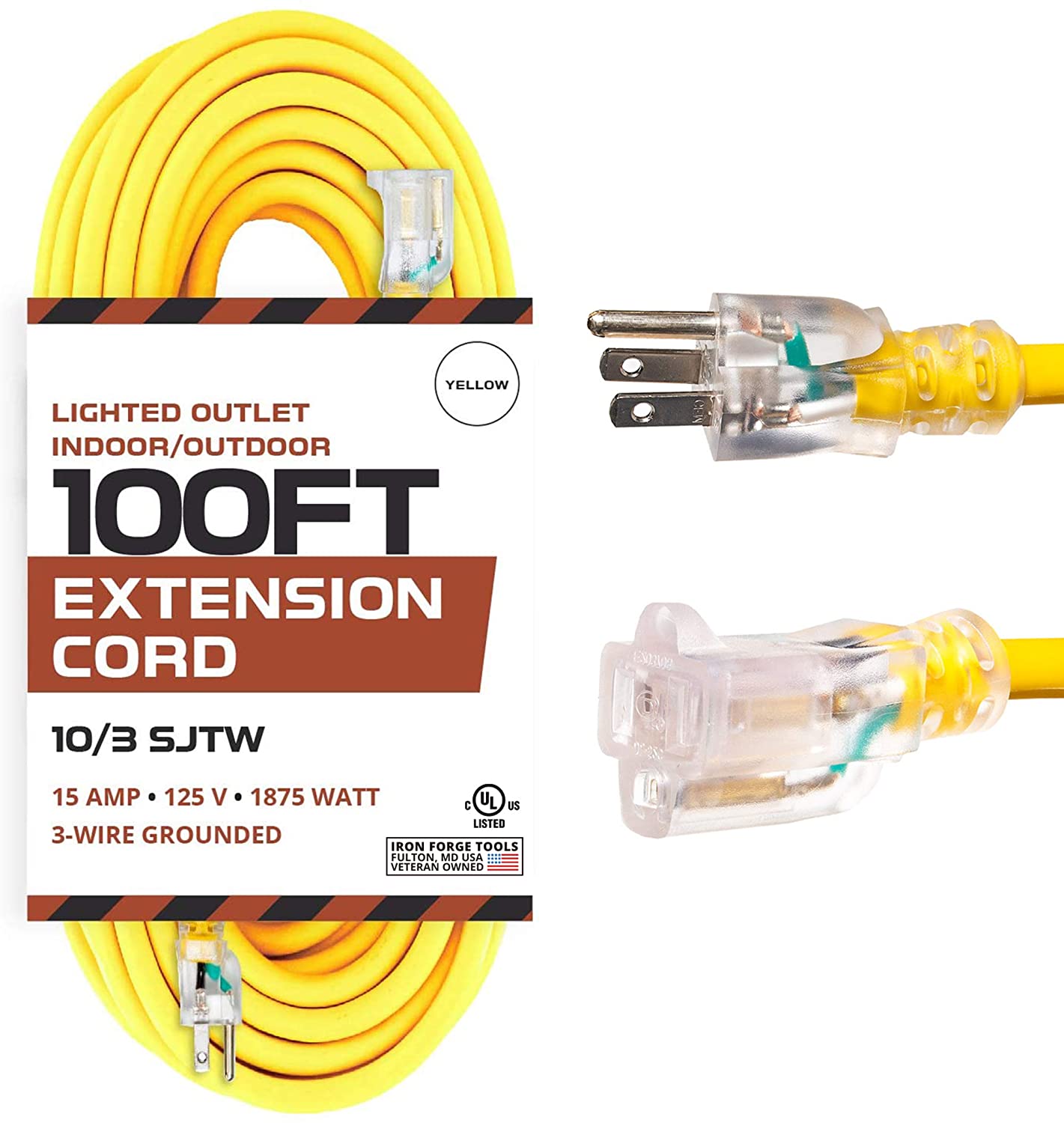 100 Foot Lighted Outdoor Extension Cord - 10/3 SJTW Yellow 10 Gauge Ex -  iron forge tools