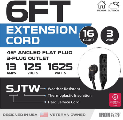 6 Ft Outdoor Extension Cord with 45¬∞ Angled Flat Plug and 3 Electrical Power Outlets - 16/3 SJTW Durable Black Electric Cable