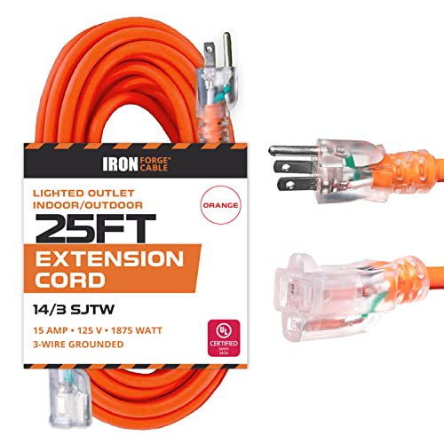 25 Ft Outdoor Extension Cord, Lighted - 14/3 SJTW Heavy Duty Orange Extension Cable with 3 Prong Grounded Plug for Safety - Great for Garden & Major Appliances
