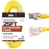 25 Foot Lighted Outdoor Extension Cord - 14/3 SJTW Heavy Duty Yellow Extension Cable with 3 Prong Grounded Plug for Safety - Great for Garden and Major Appliances