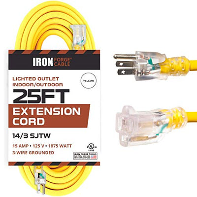 25 Foot Lighted Outdoor Extension Cord - 14/3 SJTW Heavy Duty Yellow Extension Cable with 3 Prong Grounded Plug for Safety - Great for Garden and Major Appliances