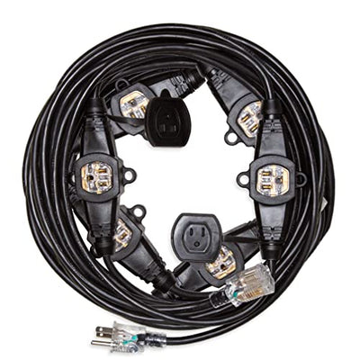 50 Ft Outdoor Extension Cord -7 Evenly Spaced Lighted Power Outlets-14/3, 15 AMP