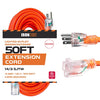 50 Ft Outdoor Extension Cord, Lighted - 14/3 SJTW Heavy Duty Orange Extension Cable with 3 Prong Grounded Plug for Safety - Great for Garden & Major Appliances