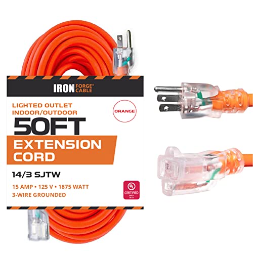 50 Ft Outdoor Extension Cord, Lighted - 14/3 SJTW Heavy Duty