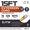 15 Foot Lighted Outdoor Extension Cord - 12/3 SJTW Heavy Duty Yellow Extension Cable with 3 Prong Grounded Plug for Safety - Great for Garden and Major Appliances