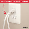 10 Ft Double Ended Extension Cord, White - 16/2 SPT-2 Split Electrical Cable with 6 Power Outlets