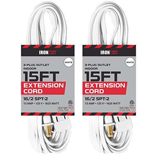 15 Ft White Extension Cord 2 Pack - 16/2 Durable Electrical Cable
