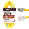25 Ft Yellow Extension Cord - 16/3 SJTW Lighted Outdoor High Visibility Electrical Cable with 3 Prong Grounded Plug for Safety