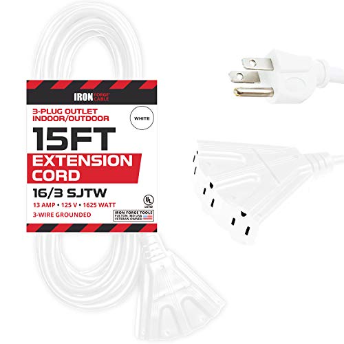 15 Ft Outdoor Extension Cord- 3 Outlets - 16 Gauge- White