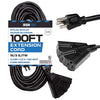 100 Ft Outdoor Extension Cord with 3 Electrical Power Outlets - 16/3 SJTW Durable Black Cable with 3 Prong Grounded Plug for Safety