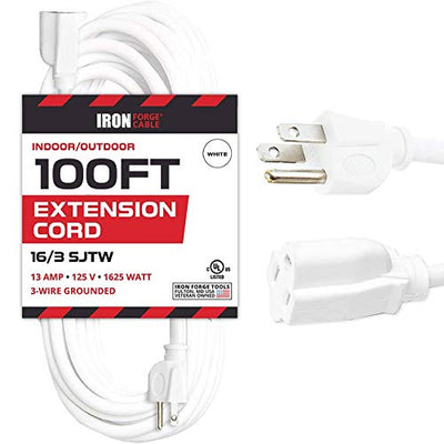 100 Foot Outdoor Extension Cord - 16/3 White Extension Cable with 3 Prong Grounded Plug for Safety