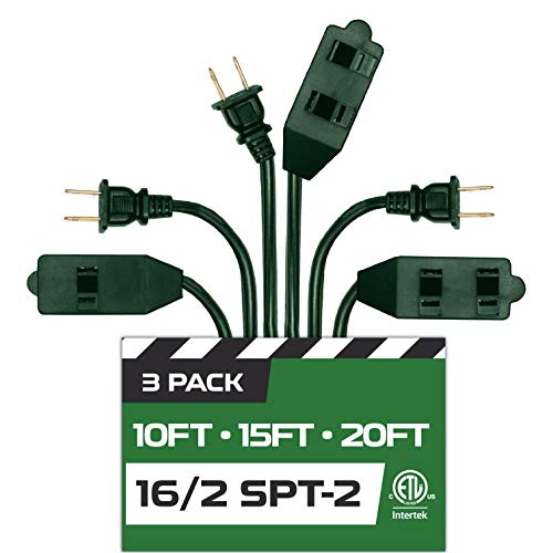 Green Extension Cord 3 Pack, 10ft 15ft & 20ft - 16/2 Durable Electrical Cable with 3 Power Outlets