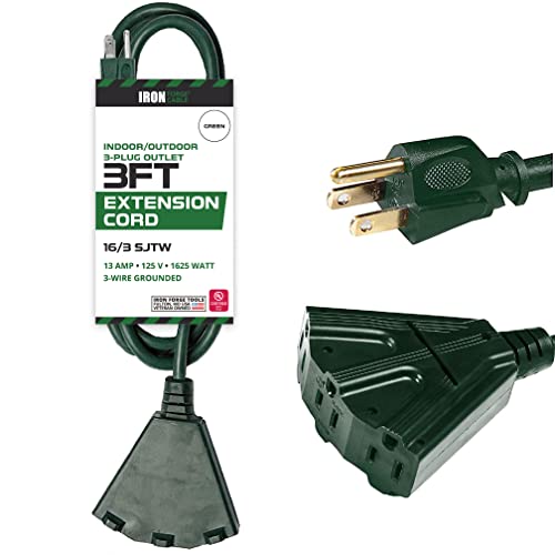 3 Foot Outdoor Extension Cord with 3 Electrical Power Outlets - 16/3 SJTW Durable Green Cable with 3 Prong Grounded Plug for Safety - Great for Powering Christmas Lights