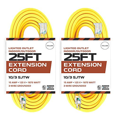 2 Pack of 25 Foot Lighted Outdoor Extension Cord - 10/3 SJTW Yellow 10 Gauge Extension Cable with 3 Prong Grounded Plug for Safety - Great for Garden and Major Appliances