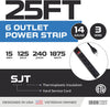 6 Outlet Surge Protector Power Strip - 14/3 SJT Black Surge Suppressor with 25 Foot Long Extension Cord, 15A/1875W, ETL Listed