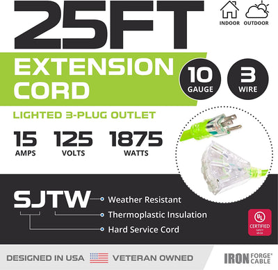 25 Foot Outdoor Extension Cord with 3 Electrical Power Outlets - 10/3 SJTW Neon Green High Visibility 10 Gauge Extension Cable with 3 Prong Grounded Plug for Safety