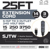 220/240 Volt Extension Cord, 25 Ft - 14/3 SJTW 6-15P Male Plug to Three Box Outlets