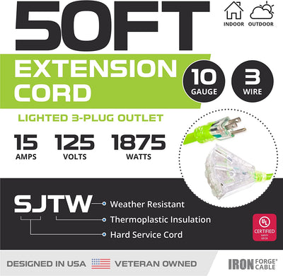 50 Foot Outdoor Extension Cord with 3 Electrical Power Outlets - 10/3 SJTW Neon Green High Visibility 10 Gauge Extension Cable with 3 Prong Grounded Plug for Safety