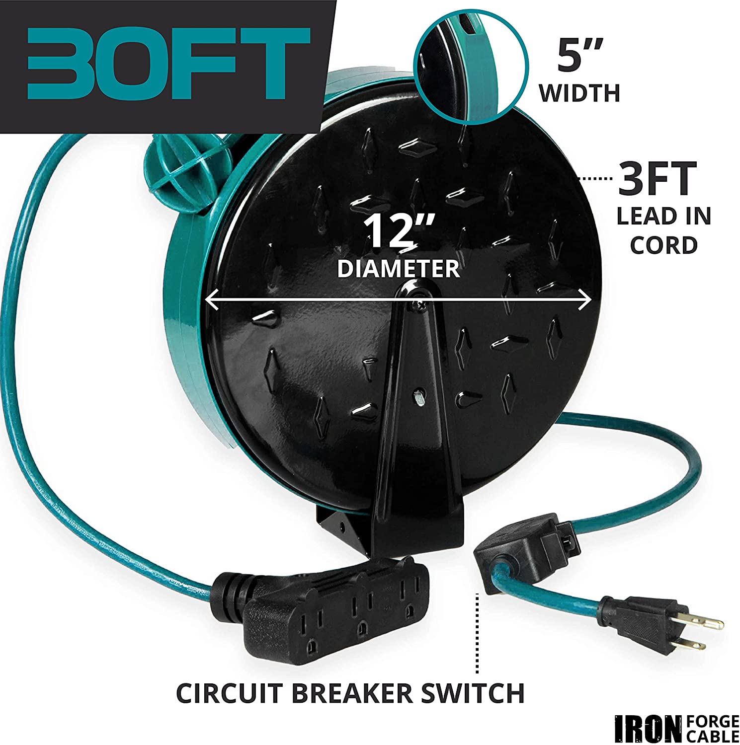 Iron Forge Cable 30ft Retractable Extension Cord Reel with Breaker Switch & 3 Electrical Power Outlets - 16/3 SJTW Durable Blue Cable - Perfect for
