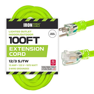 100 Ft Outdoor Extension Cord-12/3 Neon Green 12 Gauge Lighted - 3 Prong Plug