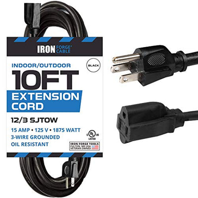 10 Ft Black Oil Resistant Extension Cord for Farms and Ranches - 12/3 SJTOW Heavy Duty Outdoor Cable with 3 Prong Grounded Plug for Safety
