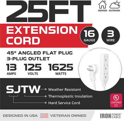 25 Ft Outdoor Extension Cord with 45¬¨¬®‚Äö√†√ª Angled Flat Plug and 3 Electrical Power Outlets - 16/3 SJTW Durable White Electric Cable