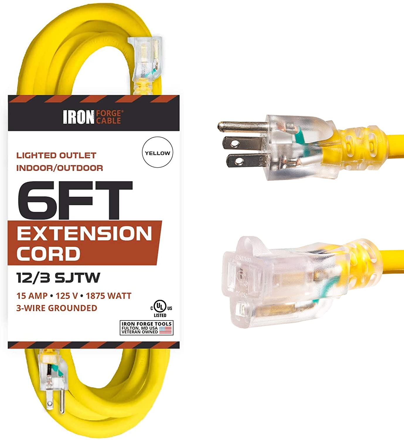 6 Foot Lighted Outdoor Extension Cord - 12/3 SJTW Heavy Duty