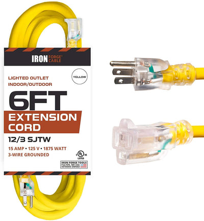 6 Foot Lighted Outdoor Extension Cord - 12/3 SJTW Heavy Duty Yellow Extension Cable with 3 Prong Grounded Plug for Safety - Great for Garden and Major Appliances