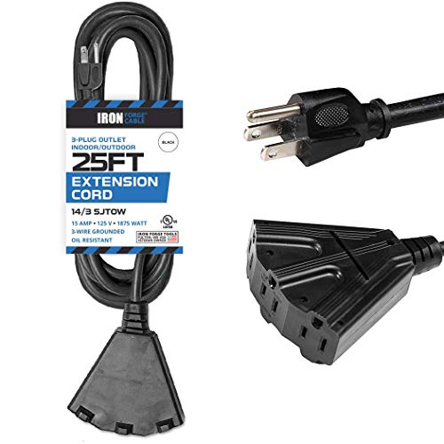 25 Ft Black Oil Resistant Extension Cord with 3 Electrical Power Outlets for Farms and Ranches - 14/3 SJTOW Heavy Duty Cable with 3 Prong Grounded Plug for Safety