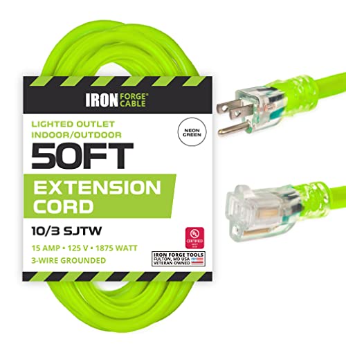 50 Foot Outdoor Extension Cord - 10/3 SJTW Neon Green High Visibility 10 Gauge Extension Cable with 3 Prong Grounded Plug for Safety