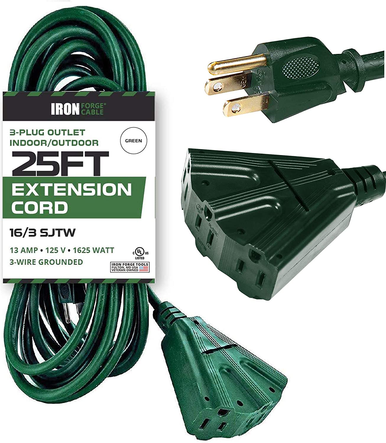 25 foot Extension cord pass through electrical garden 3 prong outlet indoor outdoor