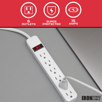 6 Outlet Surge Protector Power Strip - 14/3 SJT White Surge Suppressor with 25 Foot Long Extension Cord, 15A/1875W, ETL Listed