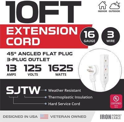10 Ft Outdoor Extension Cord with 45° Angled Flat Plug and 3 Electrical Power Outlets - 16/3 SJTW Durable White Electric Cable