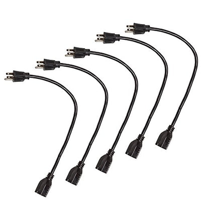 5 Pack of 1 Foot Black Extension Cords - 16/3 SJT Durable Electrical Extension Cord Set