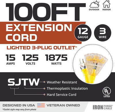 Lighted Outdoor Extension Cord with 3 Electrical Power Outlets - 10/3 SJTW Heavy Duty Yellow Cable with 3 Prong Grounded Plug for Safety (100ft - Yellow with Powerblock)