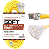 50 Foot Lighted Outdoor Extension Cord with 3 Electrical Power Outlets - 10/3 SJTW Yellow 10 Gauge Extension Cable with 3 Prong Grounded Plug for Safety