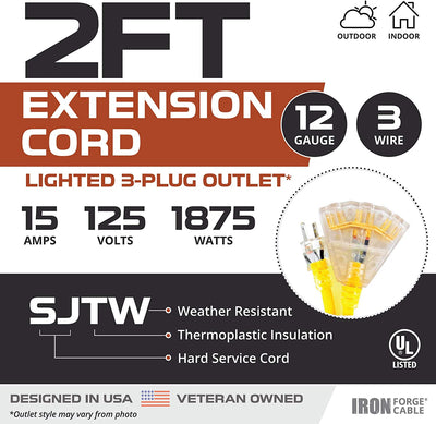 2 Pack of 2 Foot Lighted Outdoor Extension Cord with 3 Electrical Power Outlets - 12/3 SJTW Heavy Duty Yellow Extension Cable with 3 Prong Grounded Plug for Safety