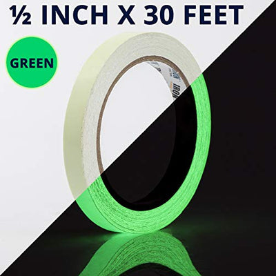 Glow Tape - 1/2 inch x 30ft Vinyl Adhesive Glow-in-The-Dark Tape Roll - Lasts up to 12 Hours