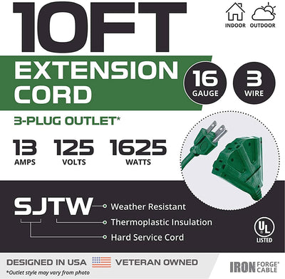 2 Pack of 10 Ft Outdoor Extension Cords with Power Block - 16/3 Durable Green Cable with 3 Prong Grounded Plug for Safety