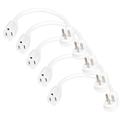 5 Pack of 1 Ft Extension Cords with 45° Angled Flat Plug - 16/3 SJT Low Profile Durable White Indoor Cable
