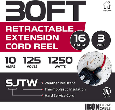 30Ft Retractable Extension Cord Reel with Breaker Switch & 3 Electrical Power Outlets - 16/3 SJTW Durable Red Cable - Perfect for Hanging from Your Garage Ceiling