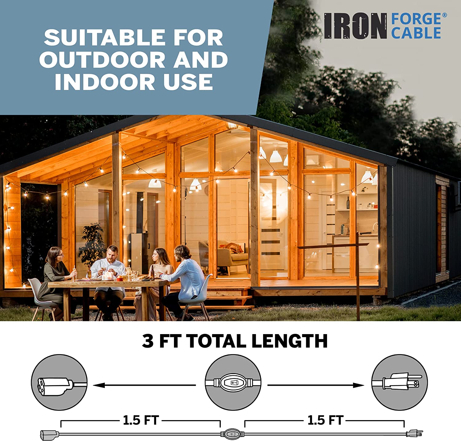 Iron Forge 3 Ft Outdoor Extension Cord with Switch On/Off - 16/3 SJTW 13  Amp Black Cable