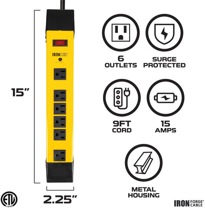 6 Outlet Heavy Duty Surge Protector Power Strip - 14/3 SJT Black and Yellow Metal Surge Suppressor with 9 Foot Long Extension Cord