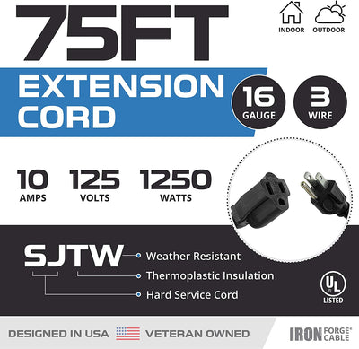 75 Ft Outdoor Extension Cord - 16/3 SJTW Durable Black Electrical Cable