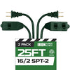 25 Ft Green Extension Cord 2 Pack - 16/2 Durable Electrical Cable with 3 Power Outlets