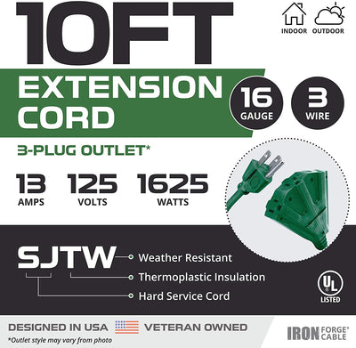 10 Ft Outdoor Extension Cord with Power Block - 16/3 Durable Green Cable