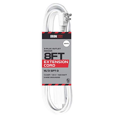 8 Ft Extension Cord with 3 Electrical Power Outlet - 16/3 Durable White Cable